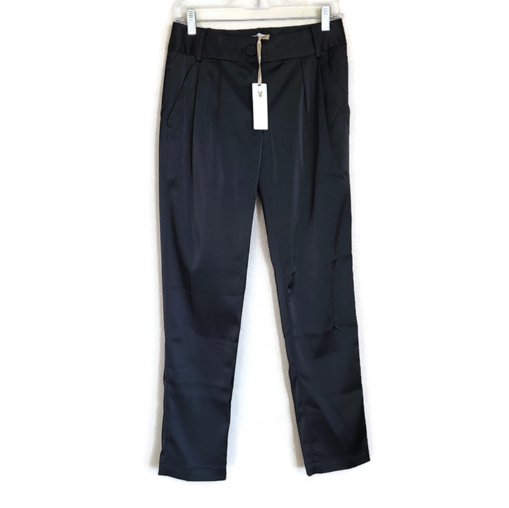 NEW playboy collection black satin trouser pants pleated front size M